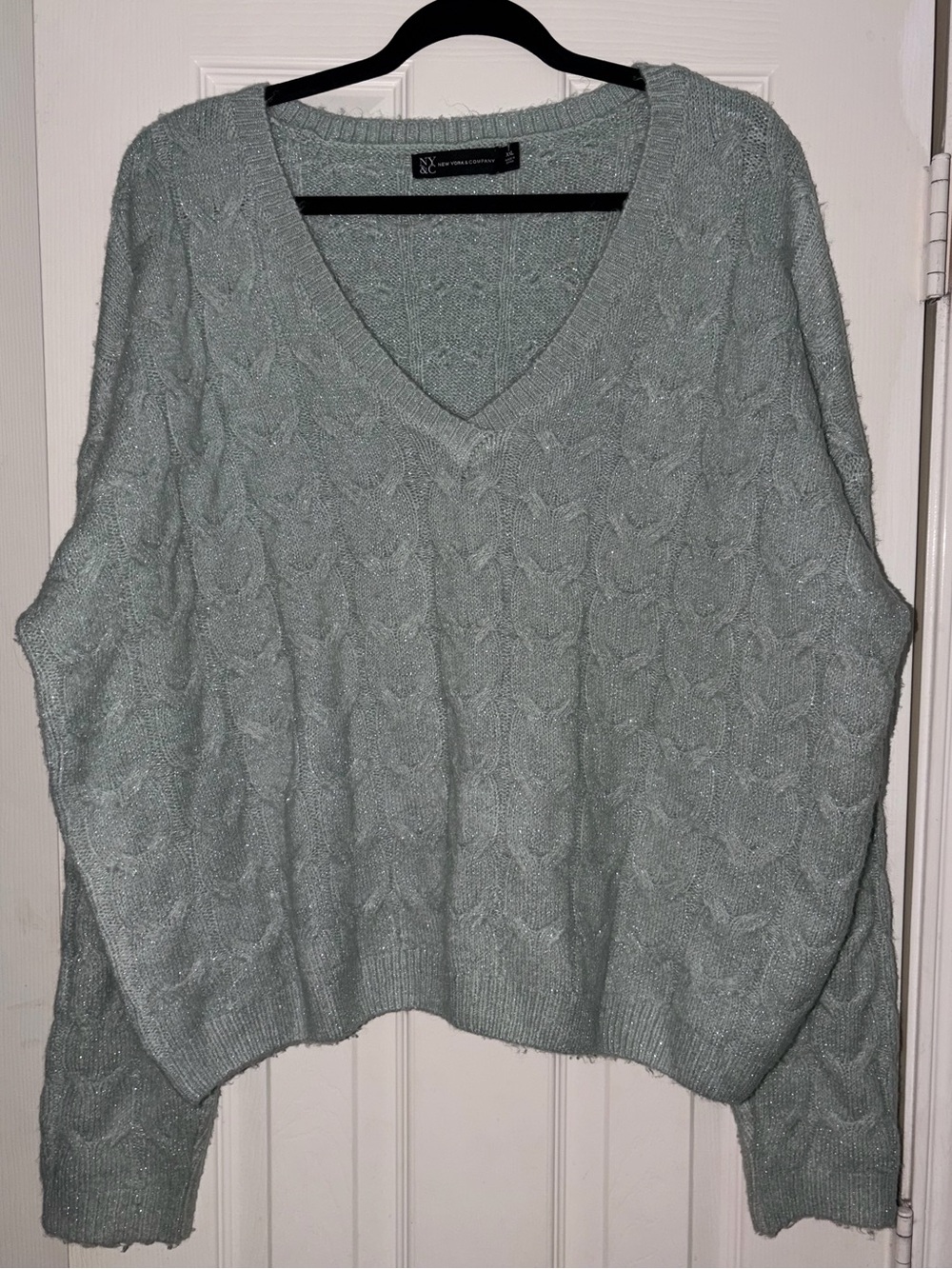 New York & Company Mint Green Cable V-Neck Sweater